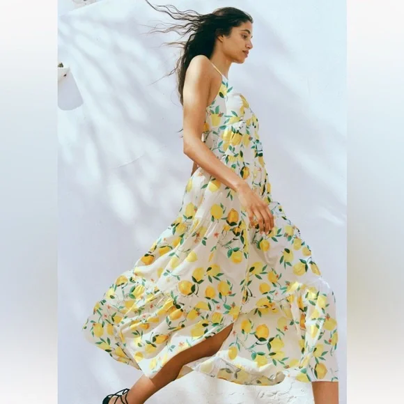 H&M Dolce Far Niente Tiered Strappy Lemon Dress